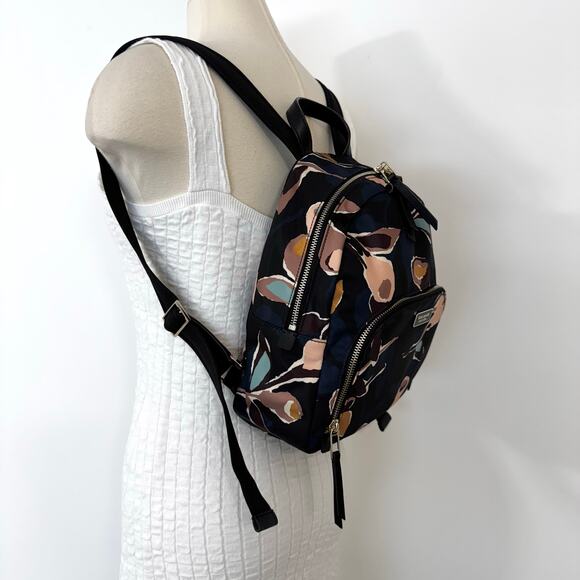 Kate Spade Dawn Paper Rose Medium Backpack Nylon Leather Trim in Black Floral - Picture 3 of 15